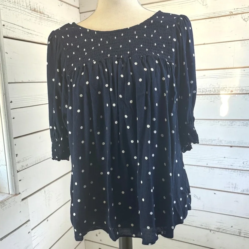 Navy Flowy Polka Dot Smocked Yoke Blouse 0X 14 Crepe Peasant Preppy Retro